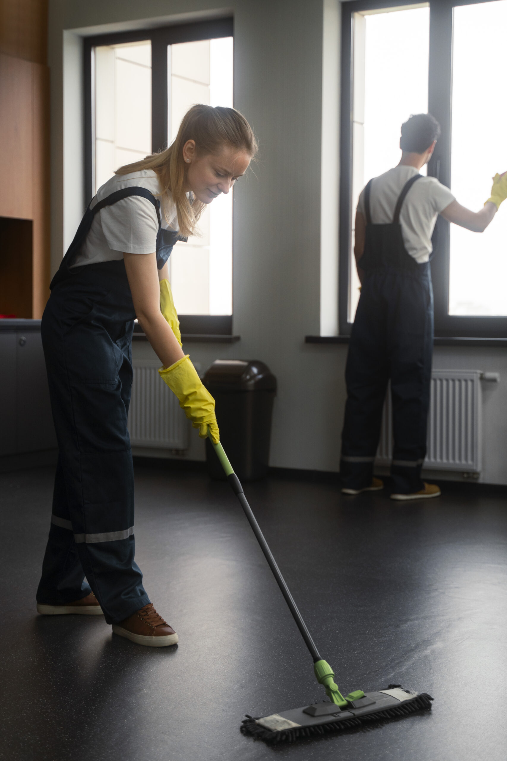 full shot people cleaning office